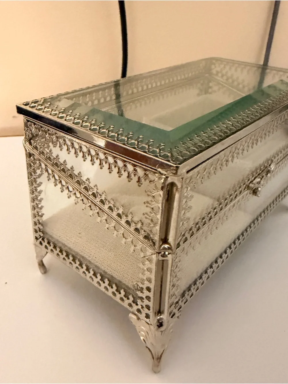 Glass and Silver Metal Jewelry Box with Beige Lined Interior - Picture 3 of 4